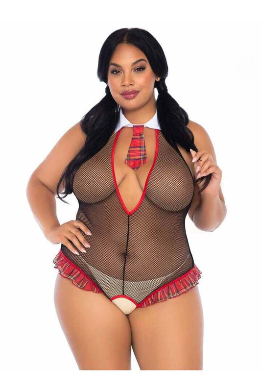 Leg Avenue Plus Teachers Pet Schoolgirl Fishnet Teddy Black in 1X/2X