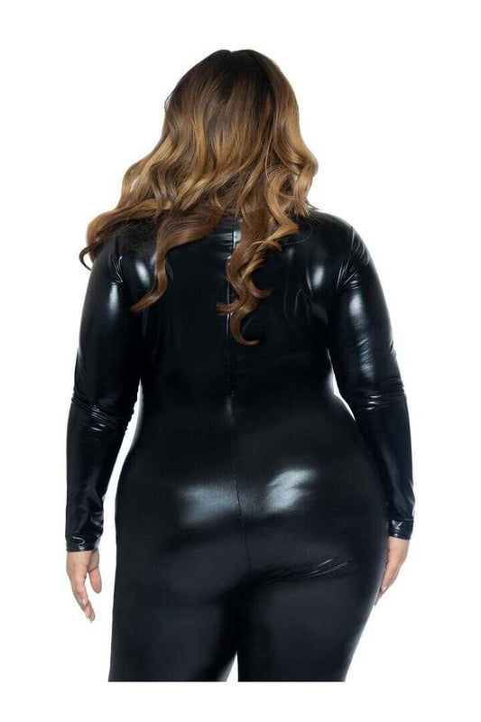 Leg Avenue Plus Wet Look Leather Catsuit in Black 1