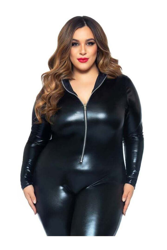 Leg Avenue Plus Wet Look Leather Catsuit in Black
