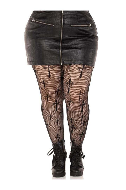 Leg Avenue Plus Worship Me Net Tights Black in 1X/2X