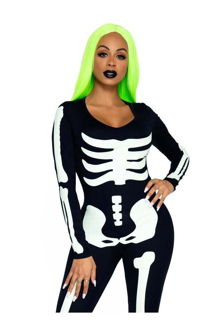 Leg Avenue Printed Glow In The Dark Skeleton Catsuit in Black/White