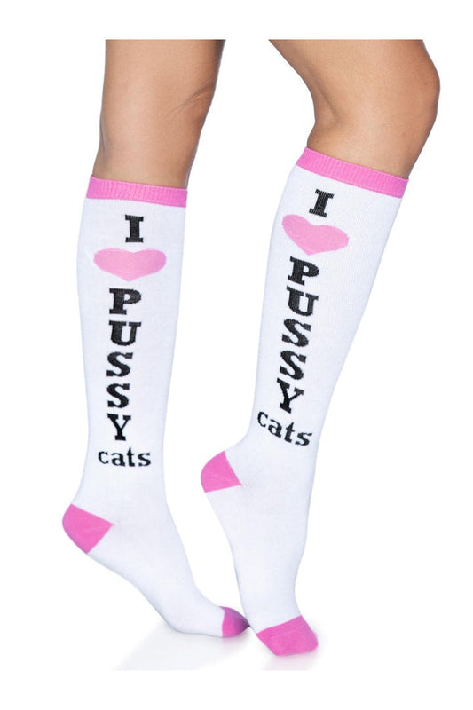 Leg Avenue Pussycat Knee High Socks White/Pink in One Size 5