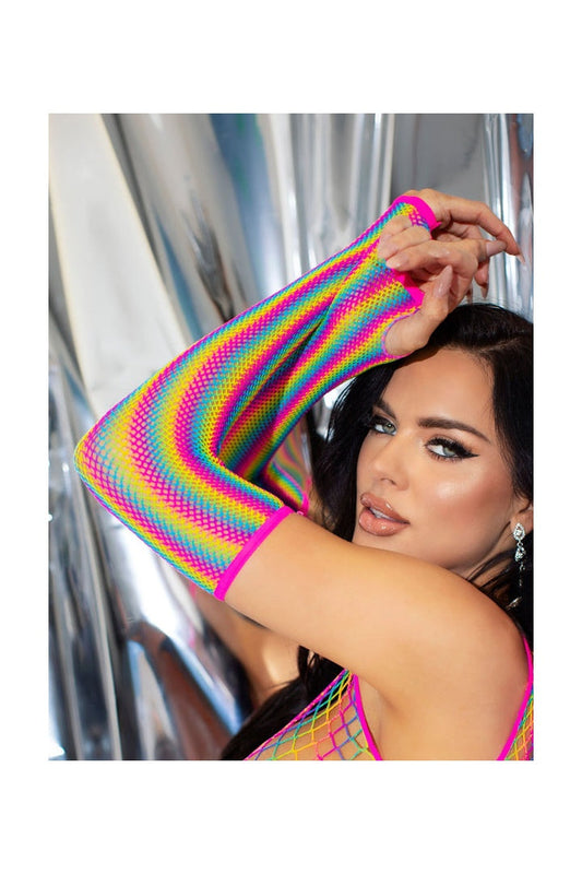 Leg Avenue Rainbow Net Fingerless Arm Warmer Gloves Multicolor in One Size 1