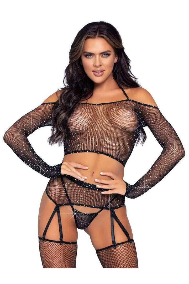Leg Avenue Rhinestone Fishnet Crop Top Garter Set Black in One Size 2