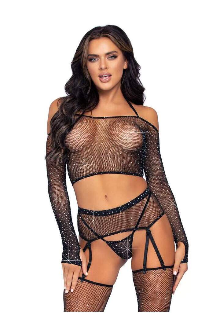 Leg Avenue Rhinestone Fishnet Crop Top Garter Set Black in One Size