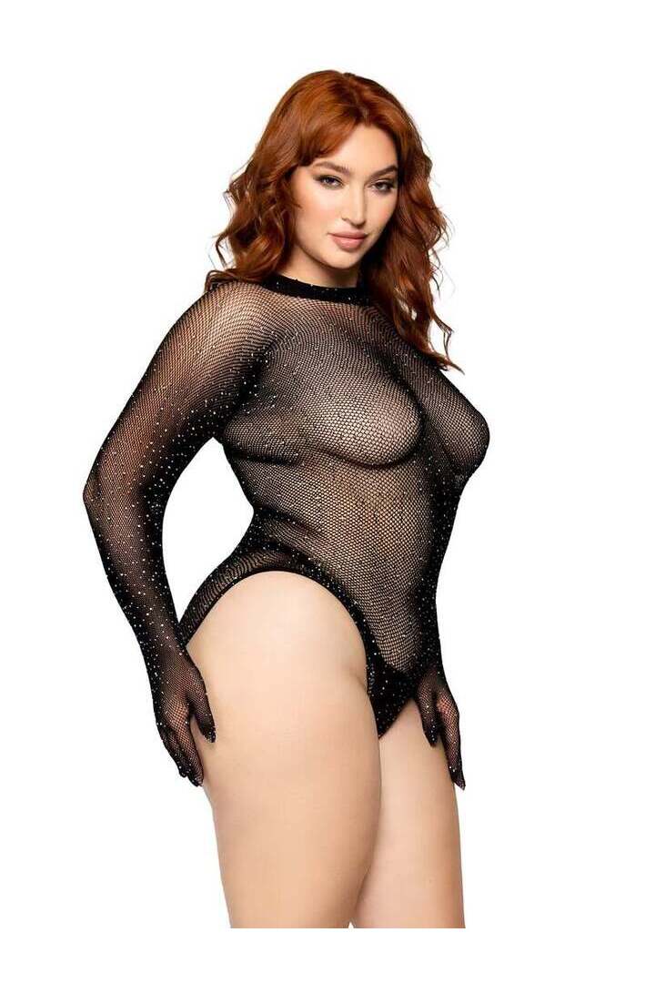 Leg Avenue Risk Factor Plus Gloved Bodysuit Black in 1X/2X 2