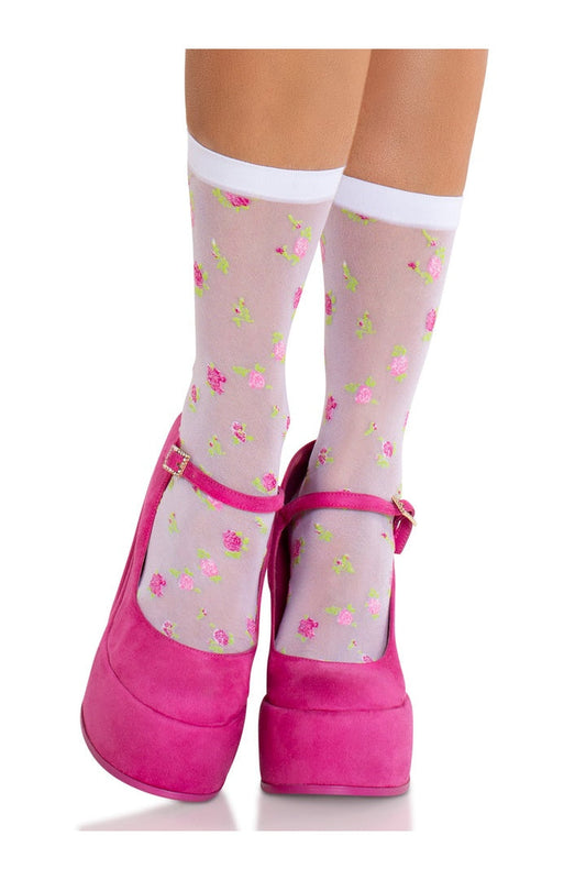 Leg Avenue Rosette Sheer Crew Socks White/Pink in One Size 4