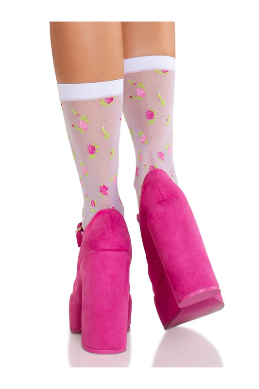 Leg Avenue Rosette Sheer Crew Socks White/Pink in One Size