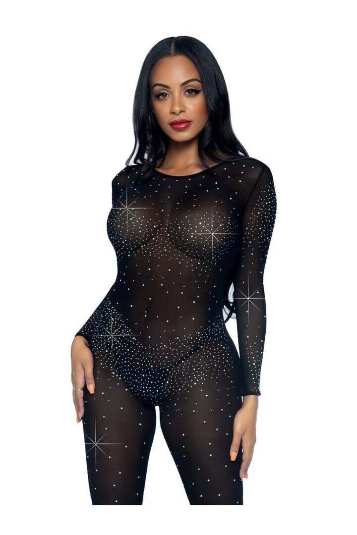 Leg Avenue Sheer Rhinestone Long Sleeve Catsuit 5