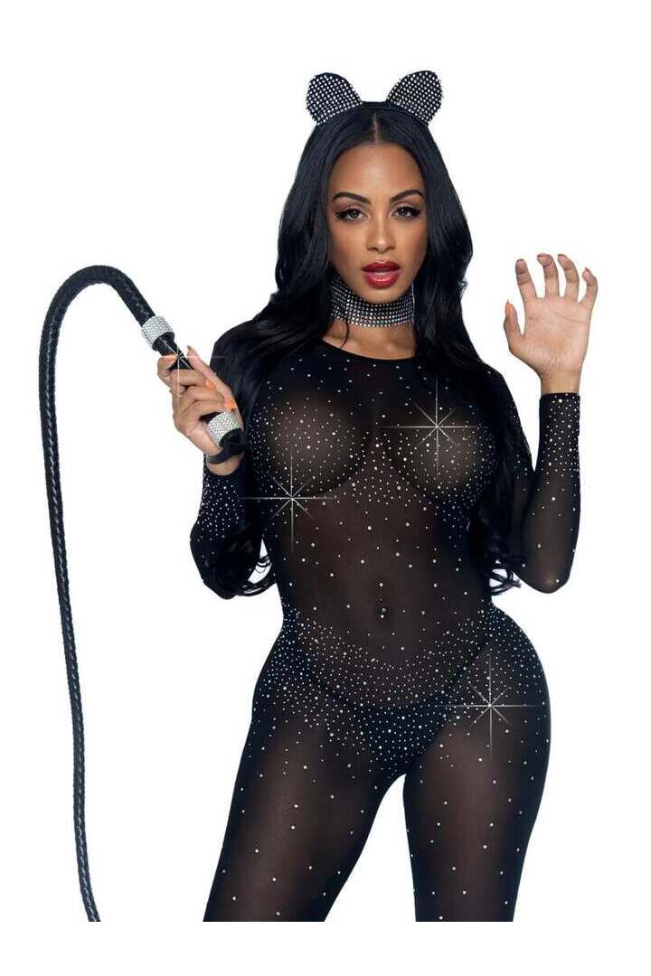 Leg Avenue Sheer Rhinestone Long Sleeve Catsuit 7
