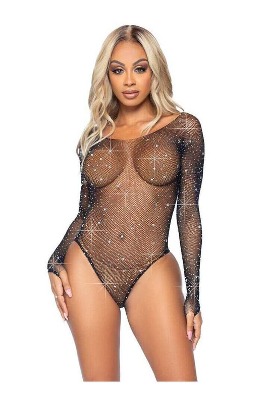 Leg Avenue Shining Star Rhinestone Bodysuit Black in One Size 1