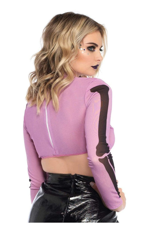 Leg Avenue Skeleton High Neck Long Sleeve Mesh Crop Top Purple 1