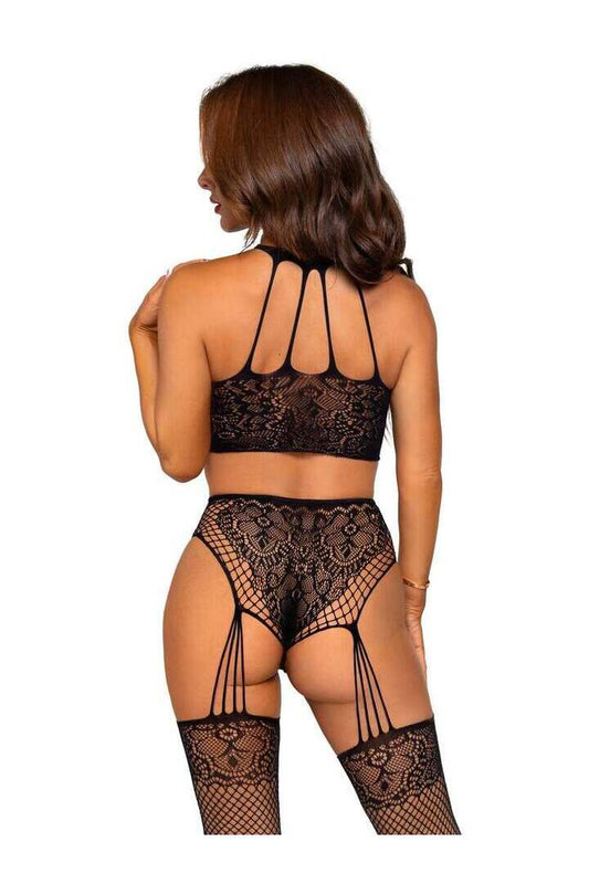 Leg Avenue Stay Awhile Crop Top and Crotchless Panty Set Black in One Size 1