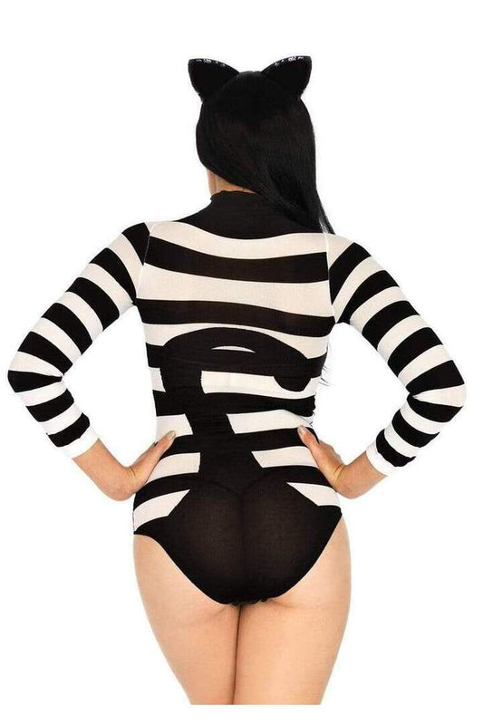 Leg Avenue Striped Cat Costume Bodysuit Black/White in One Size 1
