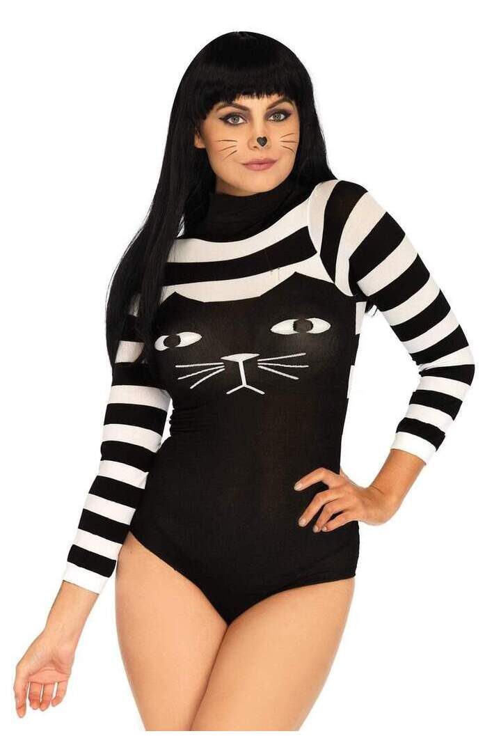 Leg Avenue Striped Cat Costume Bodysuit Black/White in One Size 2