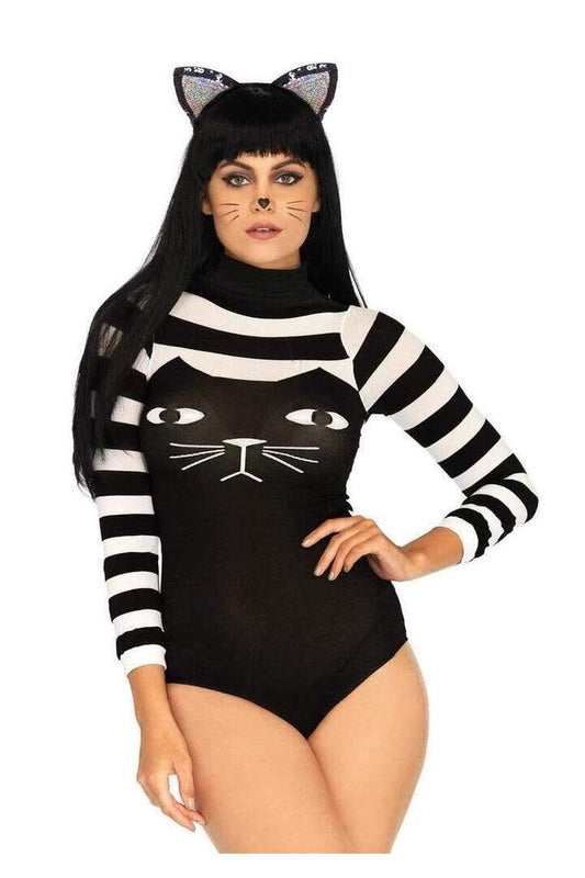 Leg Avenue Striped Cat Costume Bodysuit Black/White in One Size