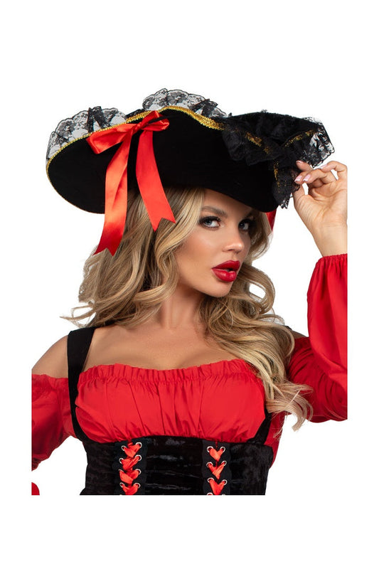 Leg Avenue Swashbuckler Pirate Hat With Lace Trim Black/Red in One Size