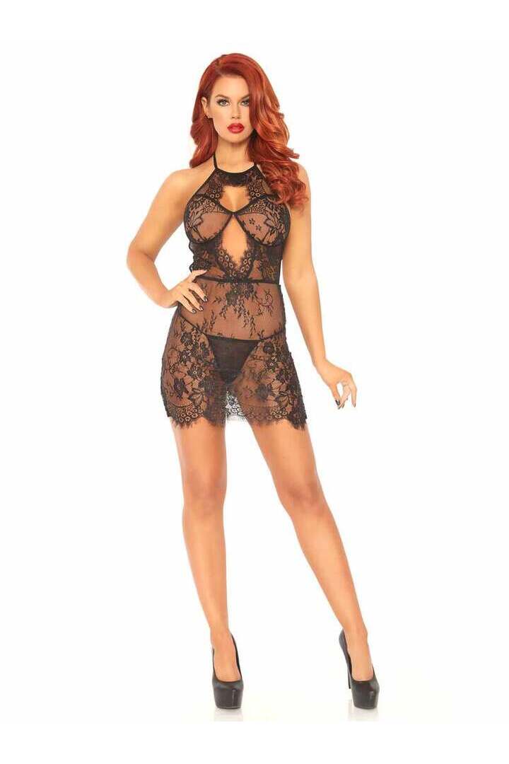 Leg Avenue Sweet Talk Lace Chemise Set in Black 4