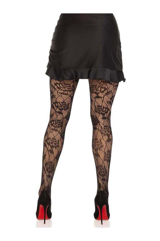 Leg Avenue Wild Rose Net Tights Black in One Size 1