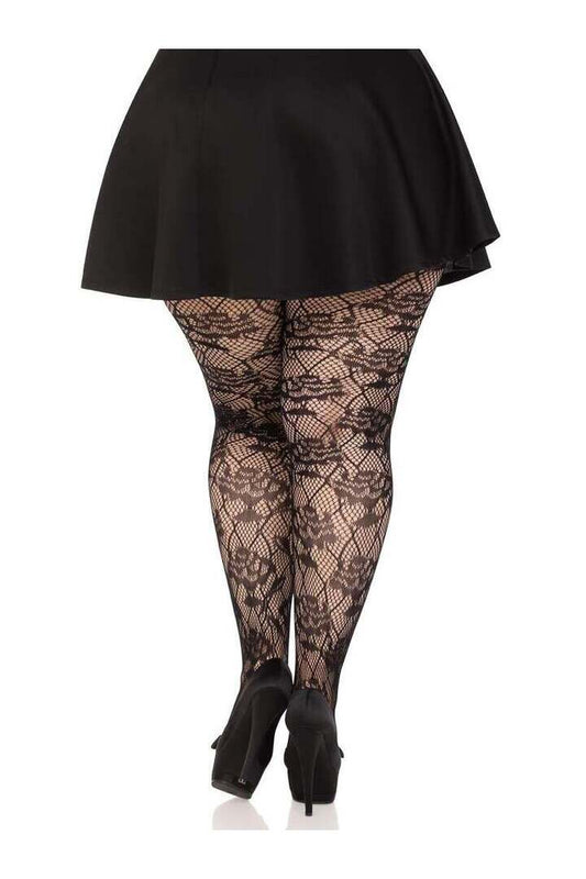 Leg Avenue Wild Rose Plus Floral Tights Black in 1X/2X 1