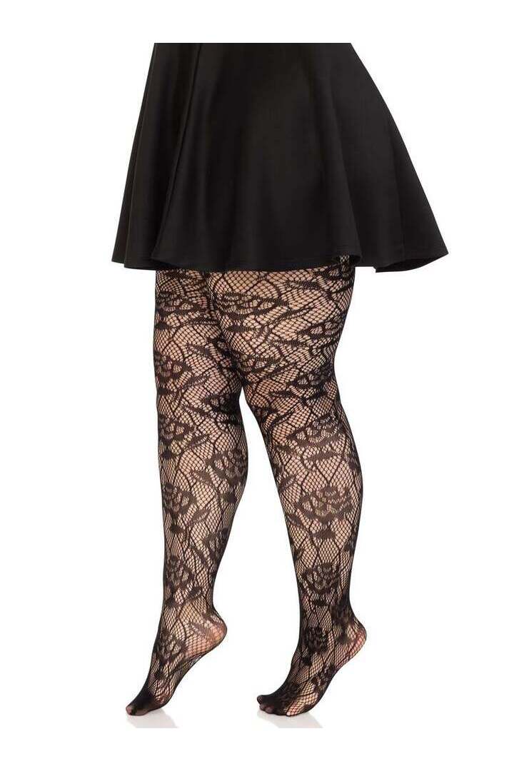 Leg Avenue Wild Rose Plus Floral Tights Black in 1X/2X 3