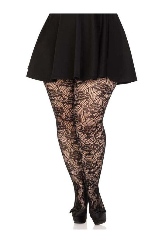 Leg Avenue Wild Rose Plus Floral Tights Black in 1X/2X