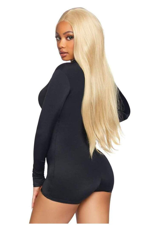 Leg Avenue Zipper Front Long Sleeved Matte Romper in Black 1