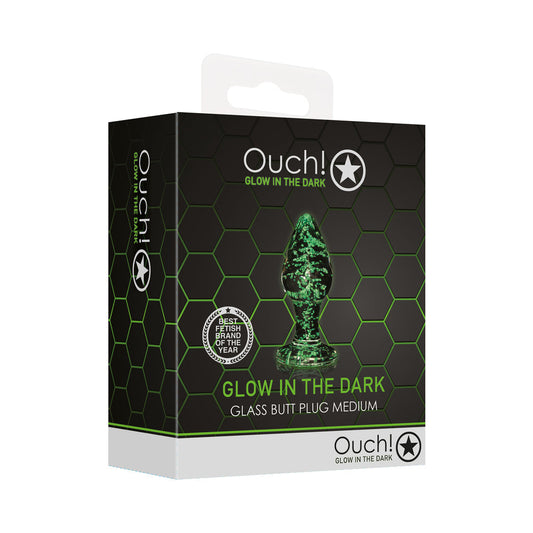 Shots Ouch! Glow in the Dark Glass Anal Plug Clear/Green 1