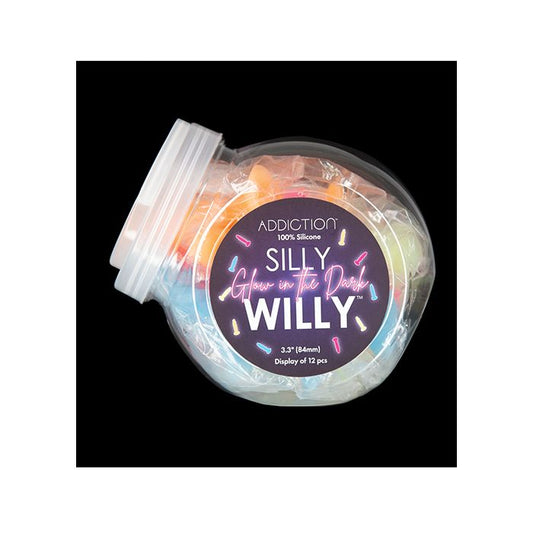 B.M.S. Enterprises Addiction Silly Willy 3.3" Glow in the Dark Dildo Fishbowl - Asst. Glow in the Dark Display of 12 