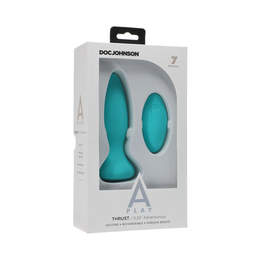 Doc Johnson A-Play Thrust Adventurous Rechargeable Silicone Anal Plug with Remote Teal 