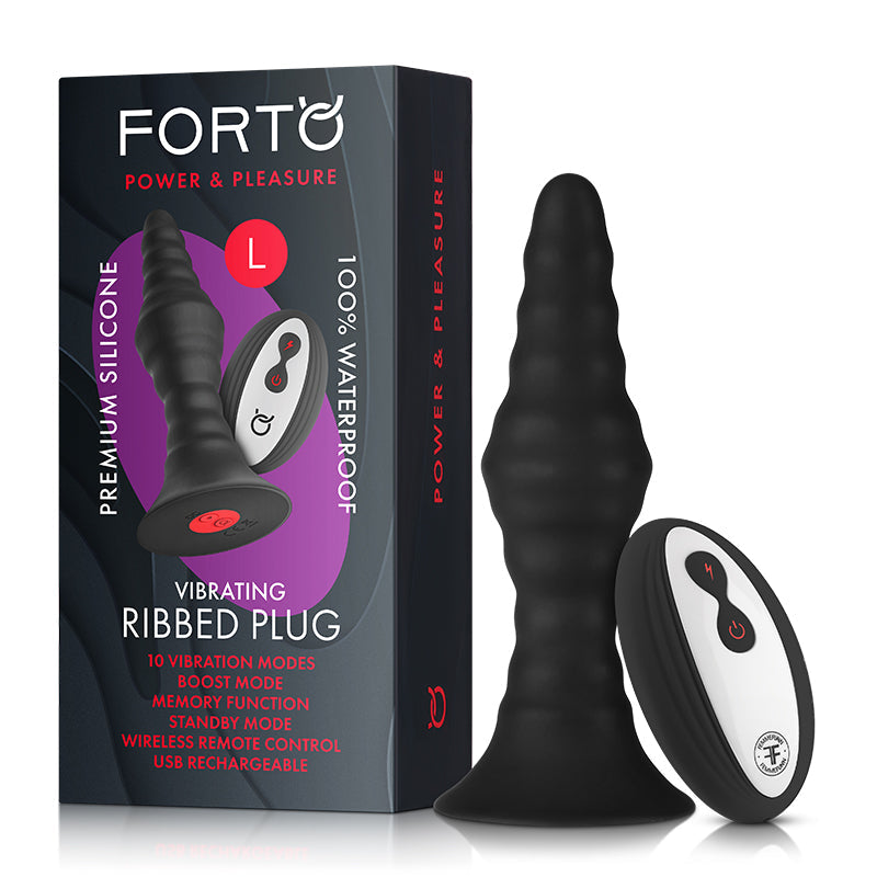 Forto Vibrating Ribbed Plug Rechargeable Remote-Controlled Silicone Anal Plug Black1