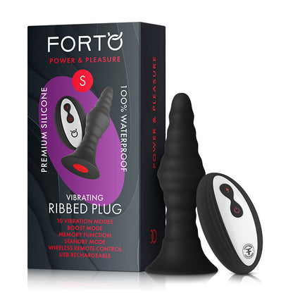 Forto Vibrating Ribbed Plug Rechargeable Remote-Controlled Silicone Anal Plug Black 