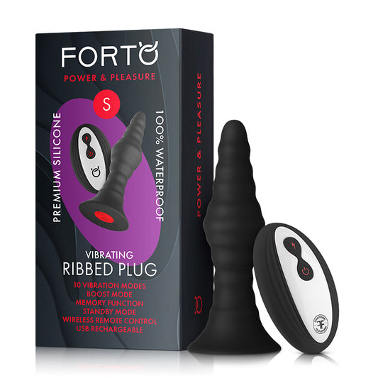 Forto Vibrating Ribbed Plug Rechargeable Remote-Controlled Silicone Anal Plug Black 