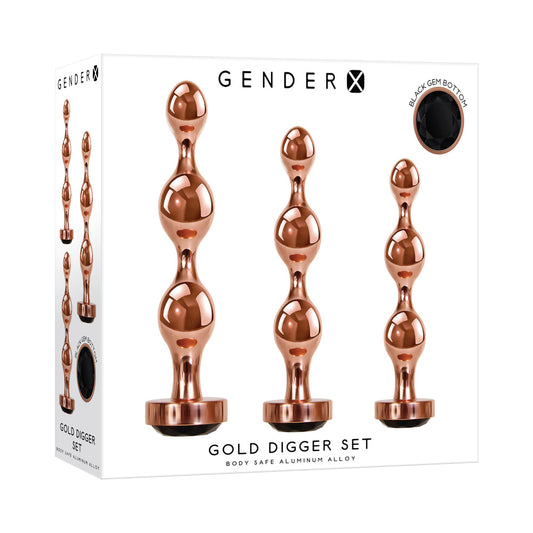 Gender X Gold Digger 3-Piece Rose Gold Beaded Anal Plug With Black Gemstone Base Set 