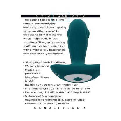 Gender X Tunnel Tapper Rechargeable Vibrating Anal Plug with Remote Teal10