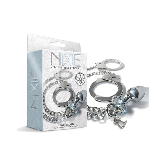 Global Novelties Nixie Metal Butt Plug & Handcuffs Set Silver 