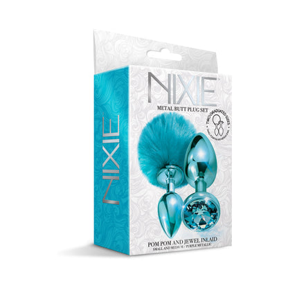 Global Novelties NIXIE Metal Butt Plug Set Pom Pom and Jewel 2