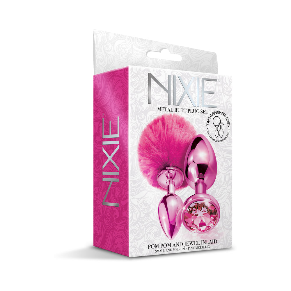 Global Novelties NIXIE Metal Butt Plug Set Pom Pom and Jewel 5