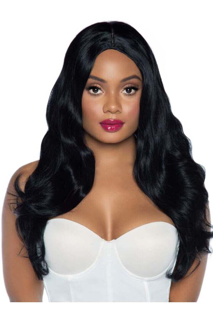 Leg Avenue 27" Long Wavy Center Part Black Wig in One Size 2
