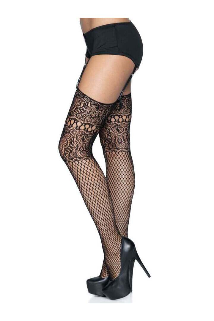 Leg Avenue Adeline Lace Top Fishnet Stockings Black in One Size 2