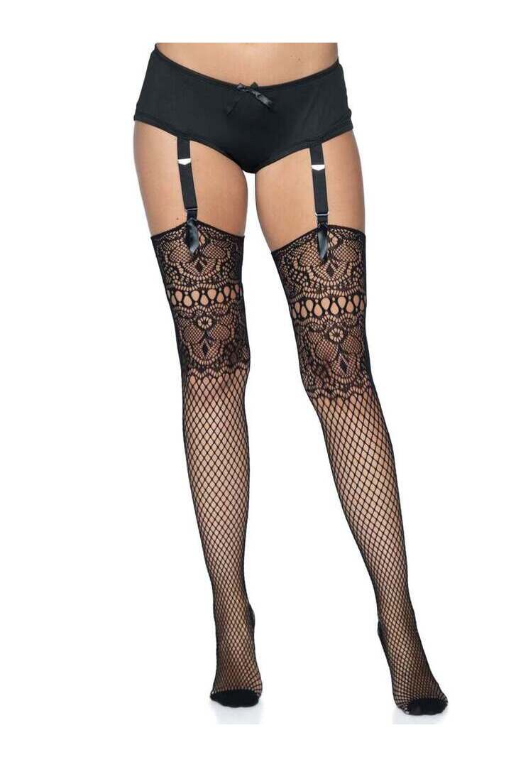 Leg Avenue Adeline Lace Top Fishnet Stockings Black in One Size 3