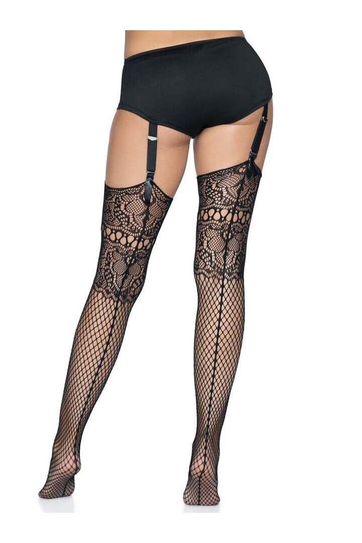 Leg Avenue Adeline Lace Top Fishnet Stockings Black in One Size 4