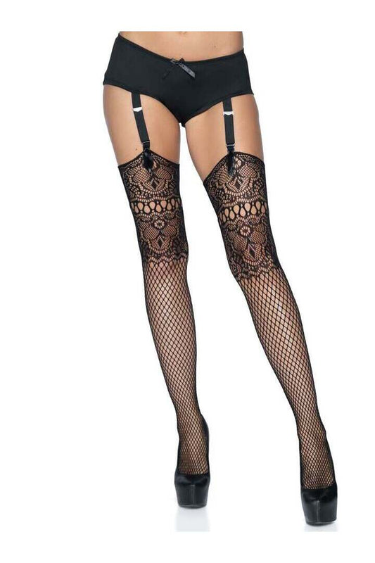 Leg Avenue Adeline Lace Top Fishnet Stockings Black in One Size 