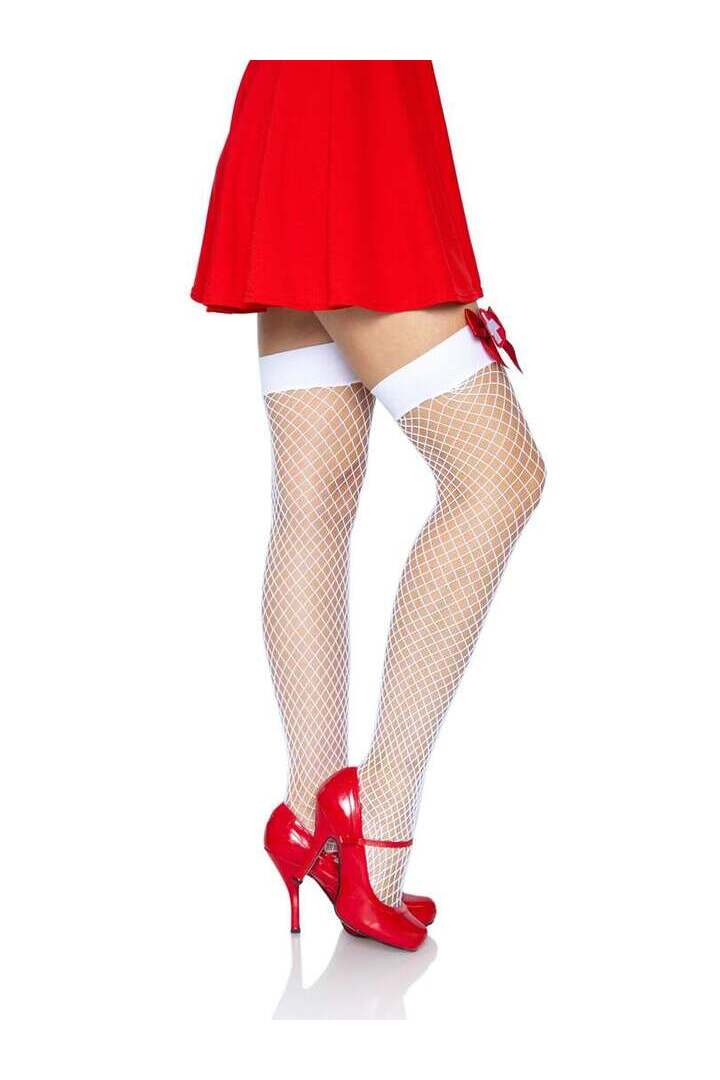 Leg Avenue Cece Nurse Industrial Net Tights White/Red in One Size 2