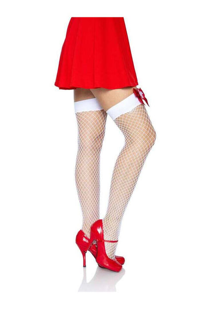 Leg Avenue Cece Nurse Industrial Net Tights White/Red in One Size 2
