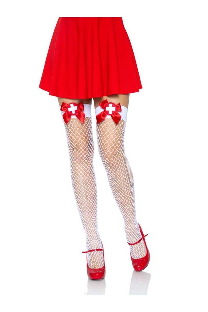 Leg Avenue Cece Nurse Industrial Net Tights White/Red in One Size 