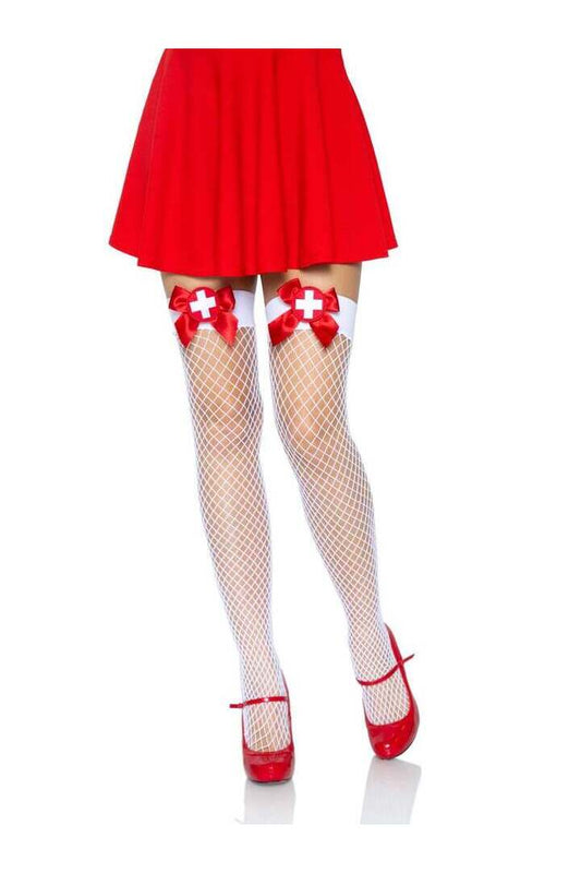 Leg Avenue Cece Nurse Industrial Net Tights White/Red in One Size 