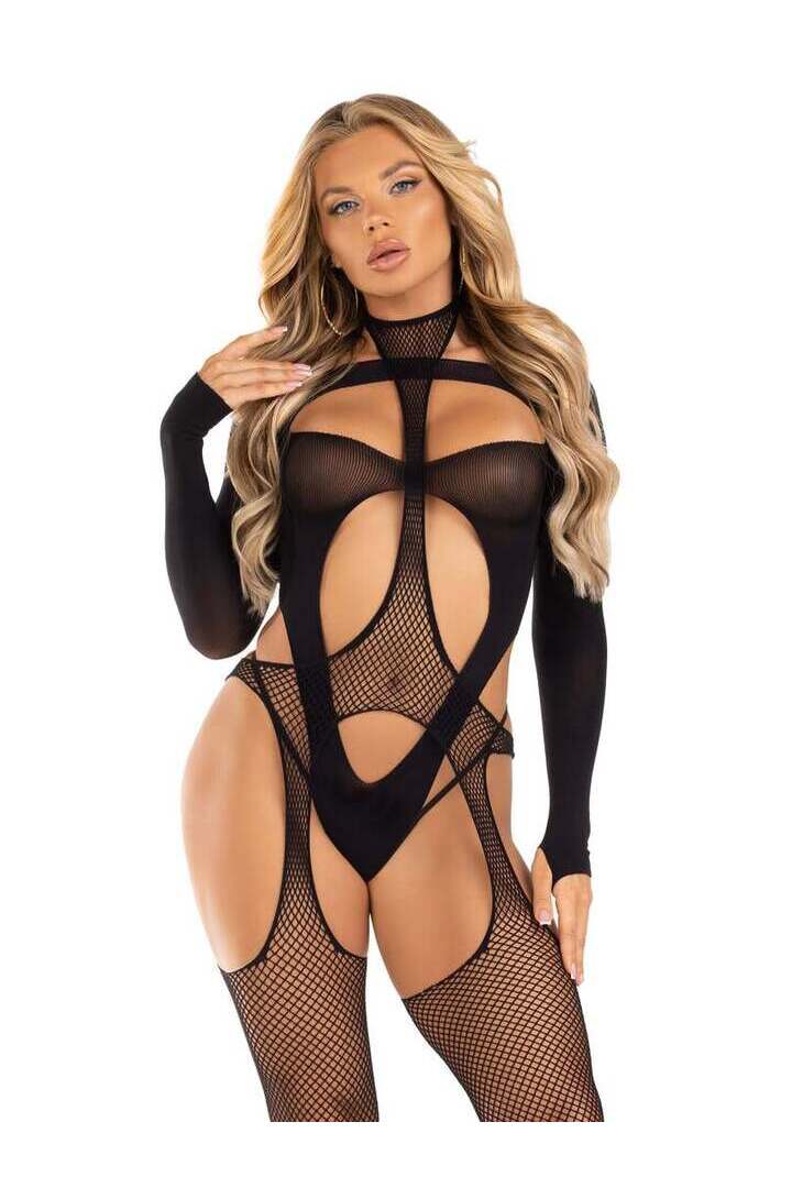 Leg Avenue Cheat Code Suspender Bodystocking and Teddy Set Black in One Size 4