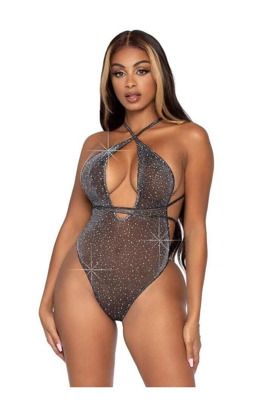 Leg Avenue Convertible Plunging Rhinestone Teddy Black/Silver in One Size 