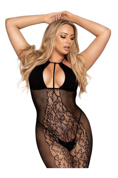 Leg Avenue Curves Ahead Lace & Opaque Bodystocking Black in One Size 2
